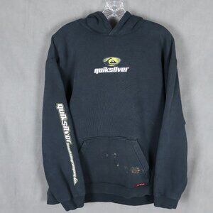 VTG Quiksilver Sweatshirt Mens Large Black Y2K Spellout Surf Hoodie Big Logo